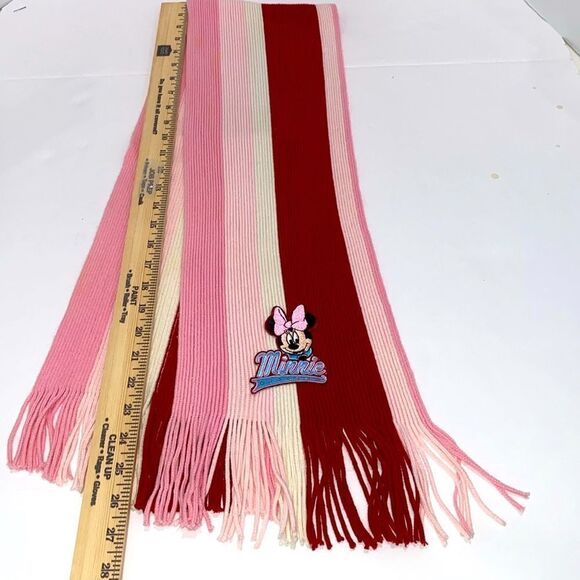 Disney Girls Minnie Mouse Embroidered Stripped Red And Pink Scarf With Fringe - Picture 5 of 6